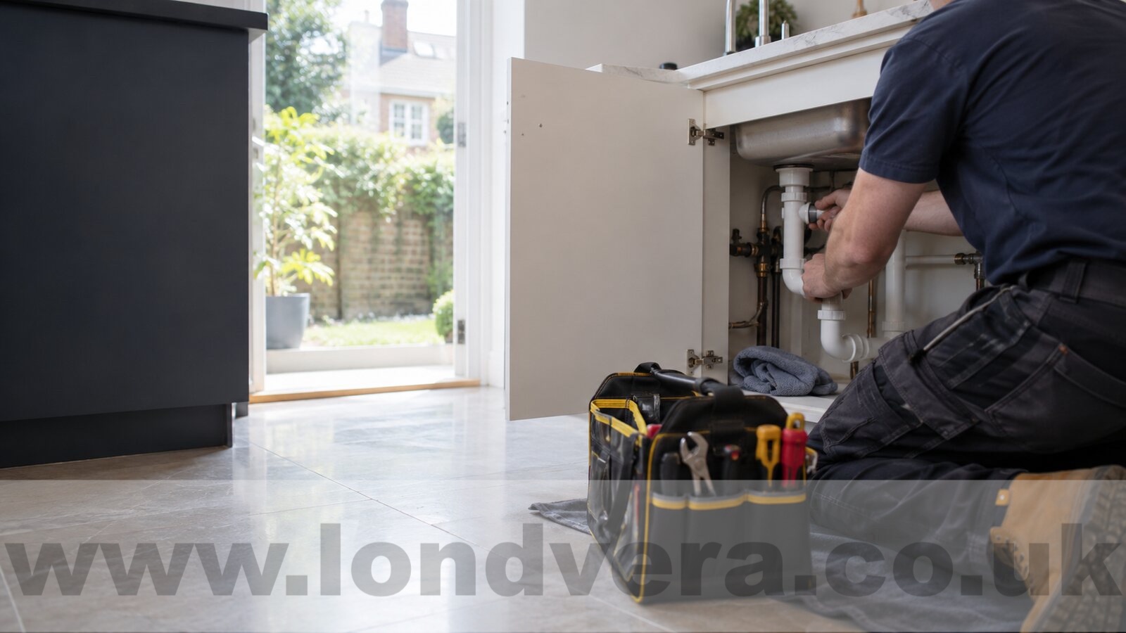 Plumbing repair beneath a kitchen sink